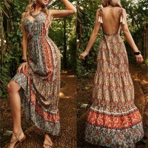 BOHO LOVE Floral Cami Backless Ruffle Hem maxi Dress